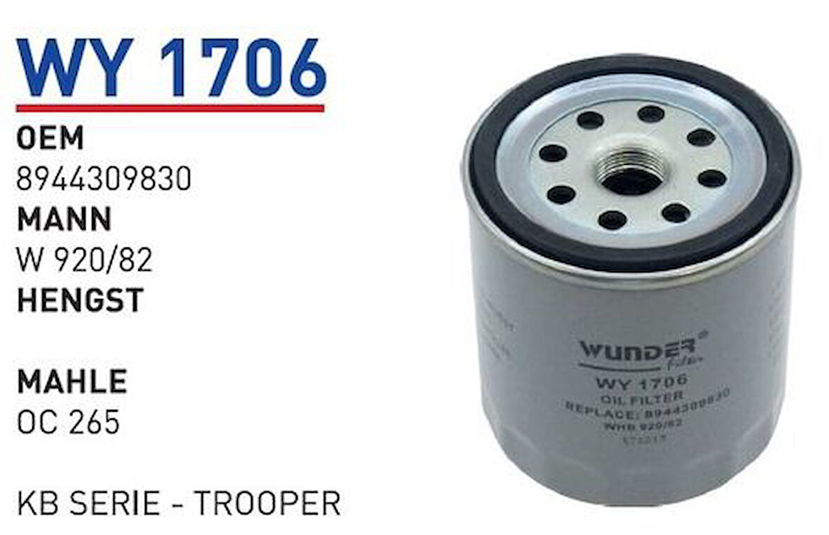 Wunder WY1706 Yağ Filtresi J9 Premium Campo 91-94 2.5D Trooper 87-91 2.8TD Fn1029 MRMOEM-1085561