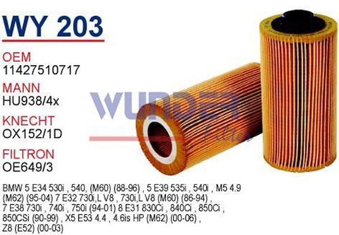 Wunder WY203 Yağ Filtresi BMW 5 (E34-E39) 540i-535I-540i-BMW 7 MRMOEM-1085576