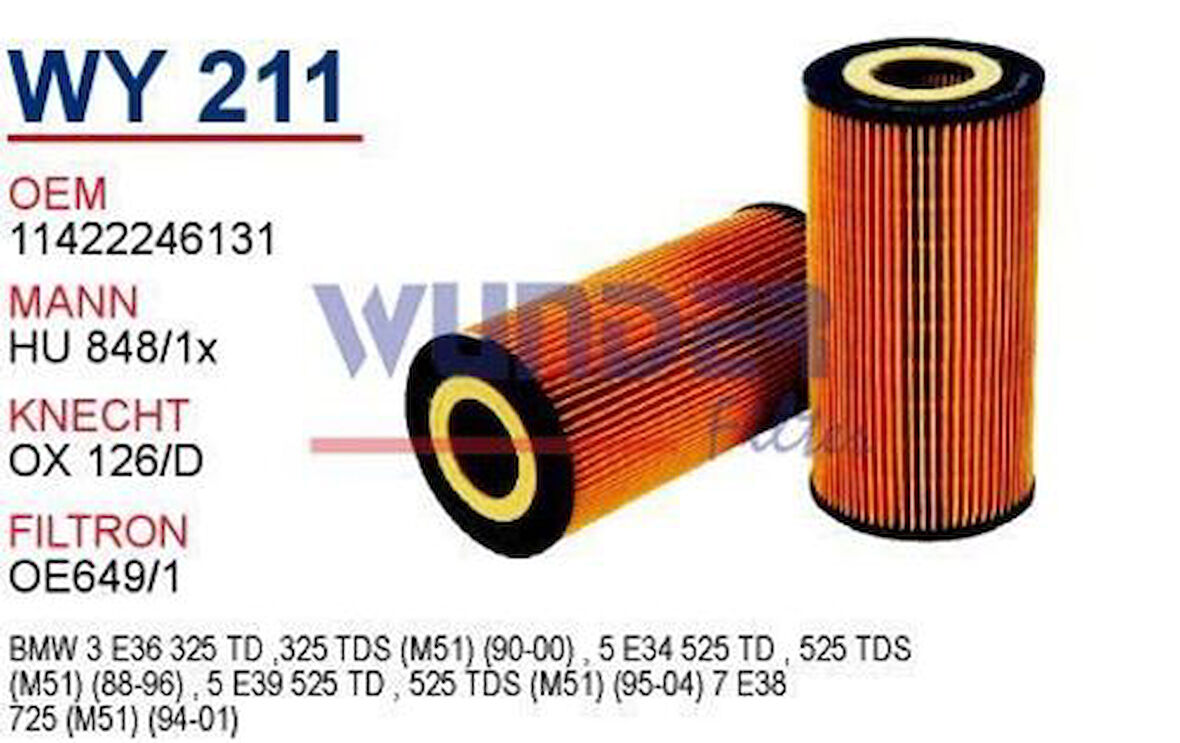 Wunder WY211 Yağ Filtresi BMW E34 525TD-E39 525TD-E38 525TD M51 MRMOEM-1085589