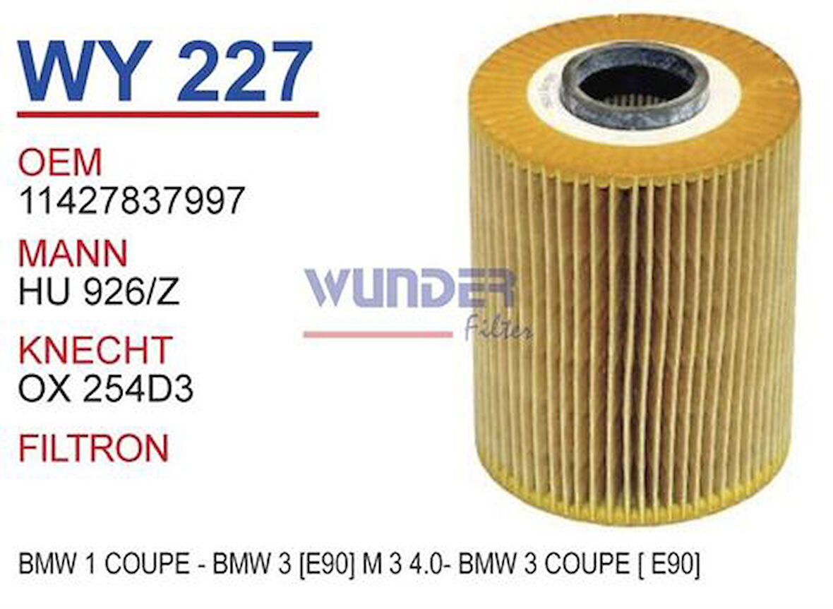 Wunder WY227 Yağ Filtresi BMW 1 Coupe-BMW 3 (E90) M3 4.0-BMW 3 Coupe (E92) Fn20152 MRMOEM-1085605