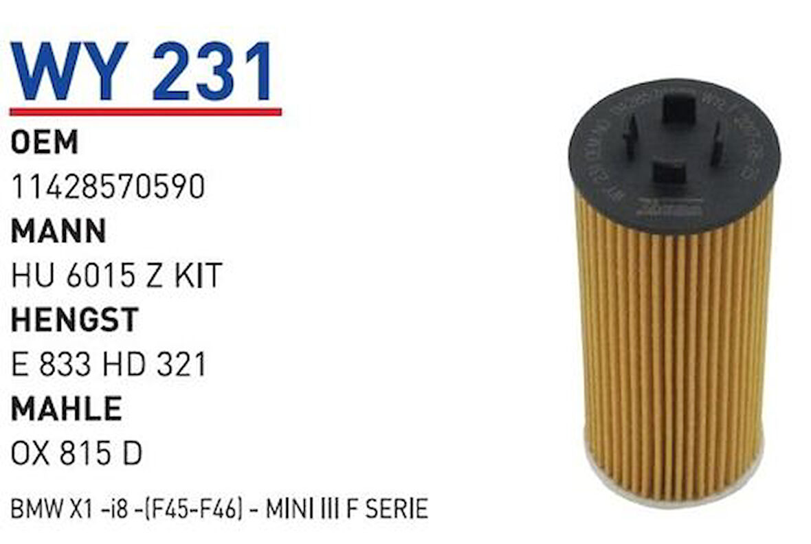 Wunder WY231 Yağ Filtresi BMW X1-I 8-(F45-F46) -Mini III F Serie MRMOEM-1085610