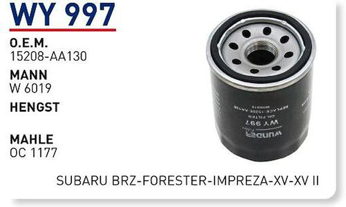 Wunder WY997 Yağ Filtresi Subaru Brz-Forester-Impreza-XV-XV II Fn1220 MRMOEM-1085678