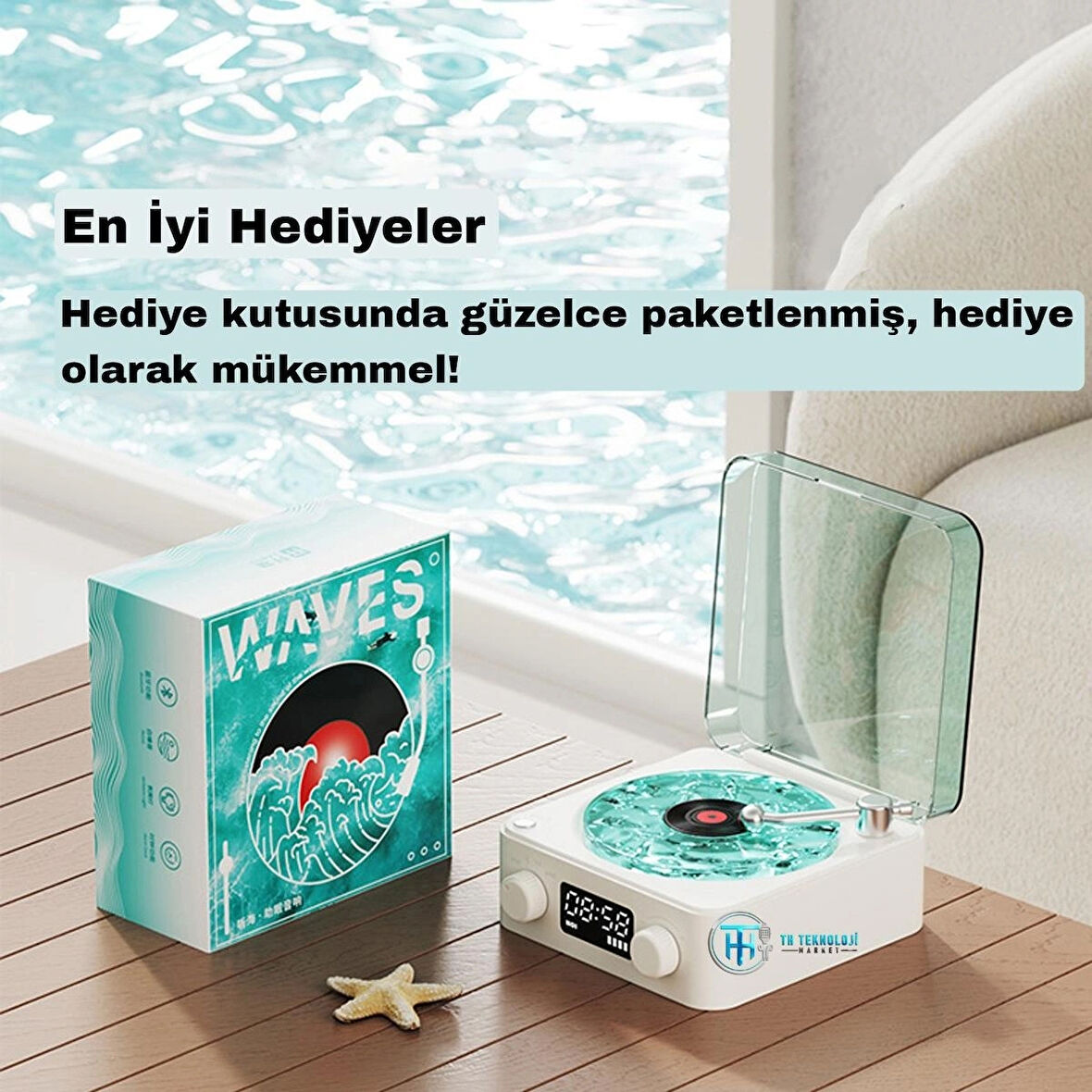 Waves Retro Plak Bluetooth Hoparlör Ortam Aydınlatma Projektörlü 