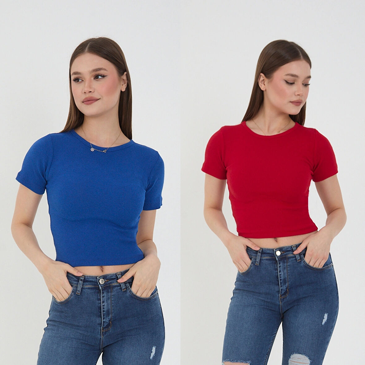 Wearflawless Kadın 2'li Kısa Kollu Fitilli Bisiklet Yaka Pamuklu Örme Kaşkorse Crop T-Shirt Bluz
