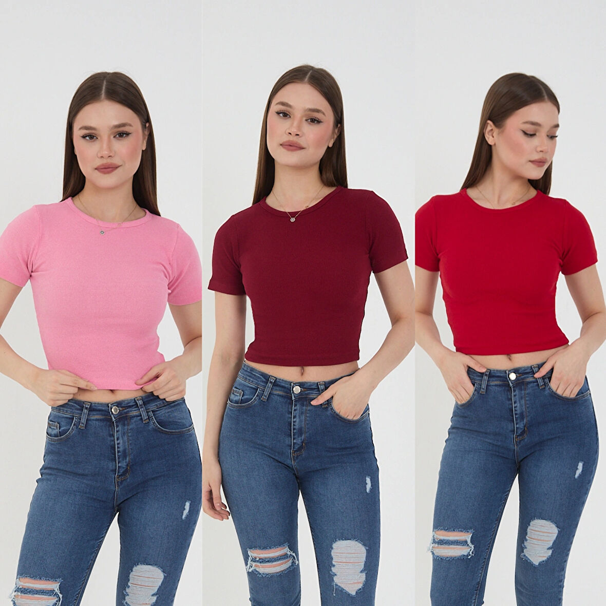 Wearflawless Kadın 3 lü Kısa Kollu Fitilli Bisiklet Yaka %100 Pamuklu Örme Kaşkorse Crop T-Shirt