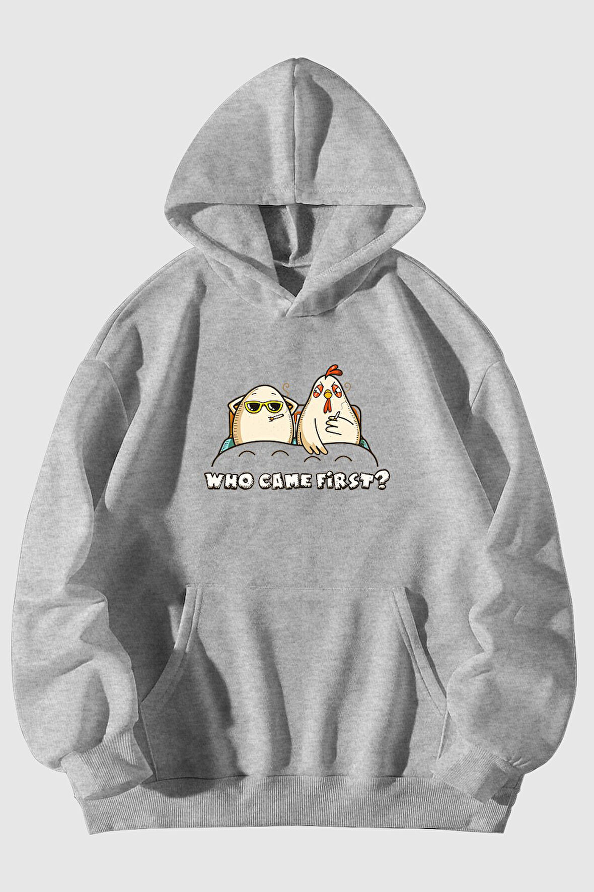 Who Came First Baskılı Unisex Siyah Kanguru Cepli Kapüşonlu Sweatshirt Hoodie | XL