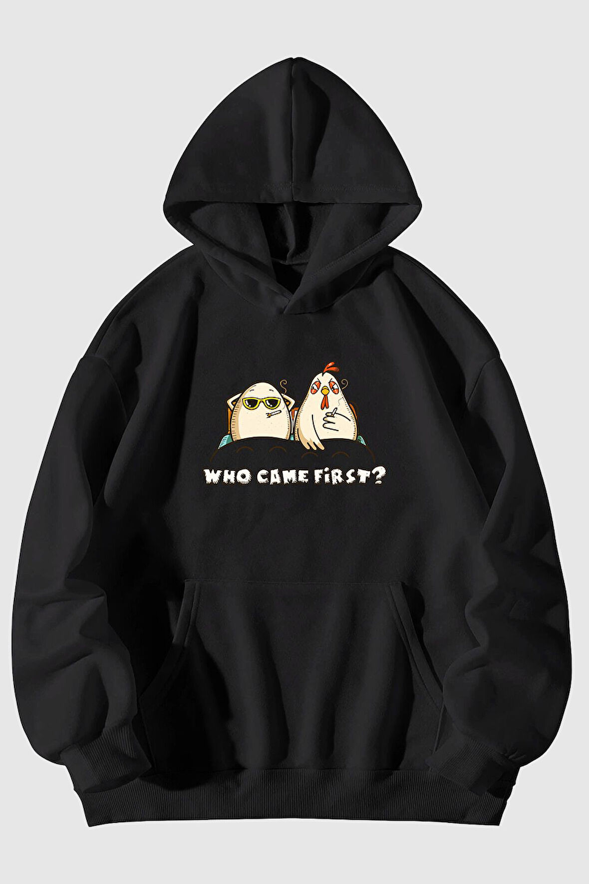 Who Came First Baskılı Unisex Siyah Kanguru Cepli Kapüşonlu Sweatshirt Hoodie | XL