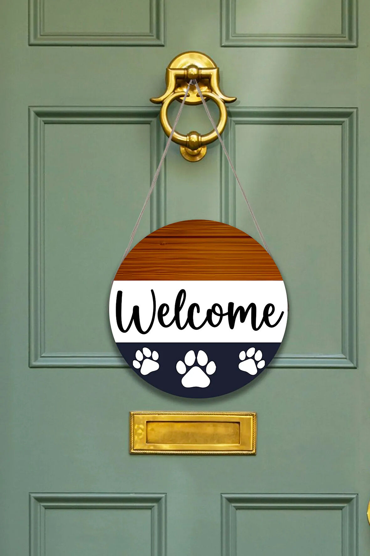 Evimize Hoşgeldiniz Welcome Kapı Duvar Süsü, Ahşap Yuvarlak İpli Dekoratif Ev Kapı Tablosu