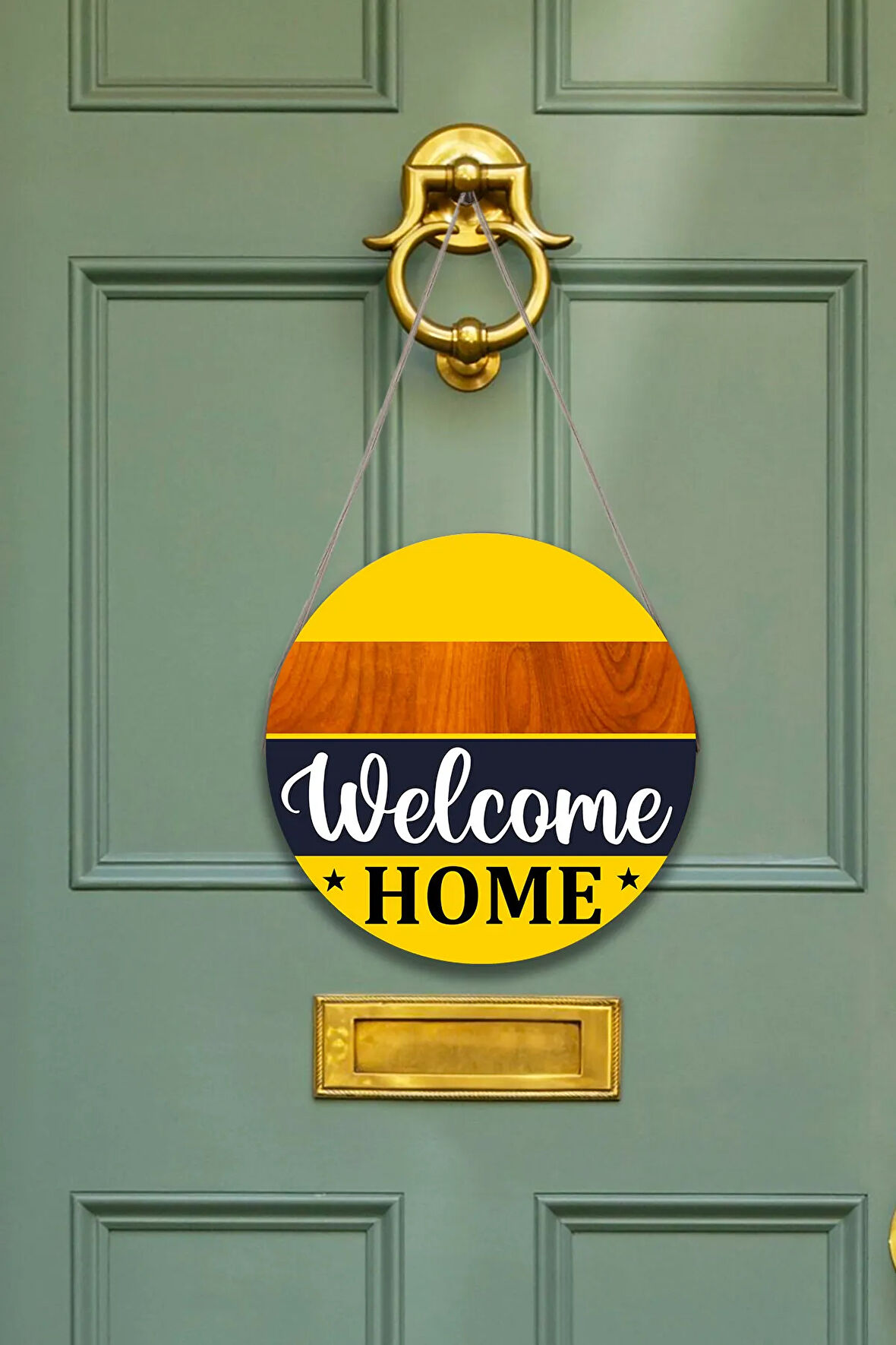 Evimize Hoşgeldiniz Welcome Kapı Duvar Süsü, Ahşap Yuvarlak İpli Dekoratif Ev Kapı Tablosu