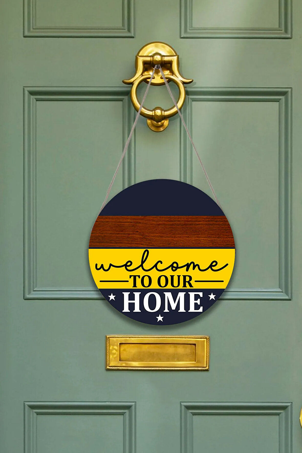 Evimize Hoşgeldiniz Welcome Kapı Duvar Süsü, Ahşap Yuvarlak İpli Dekoratif Ev Kapı Tablosu