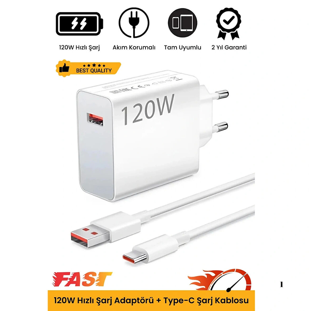  120W Turbo Ultra Hızlı Akım Korumalı Şarj Aleti USB- Type-C Kablo ve Adaptör Şarj Seti