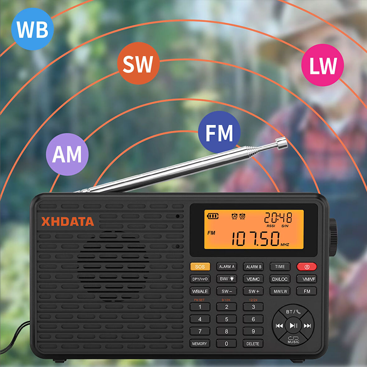 XHDATA D109WB Taşınabilir Radyo AM FM Stereo SW MW LW Dijital Çalar Saatli Radyo Şarj Edilebilir Pil USB-C Hava Durumu Tahmini ile