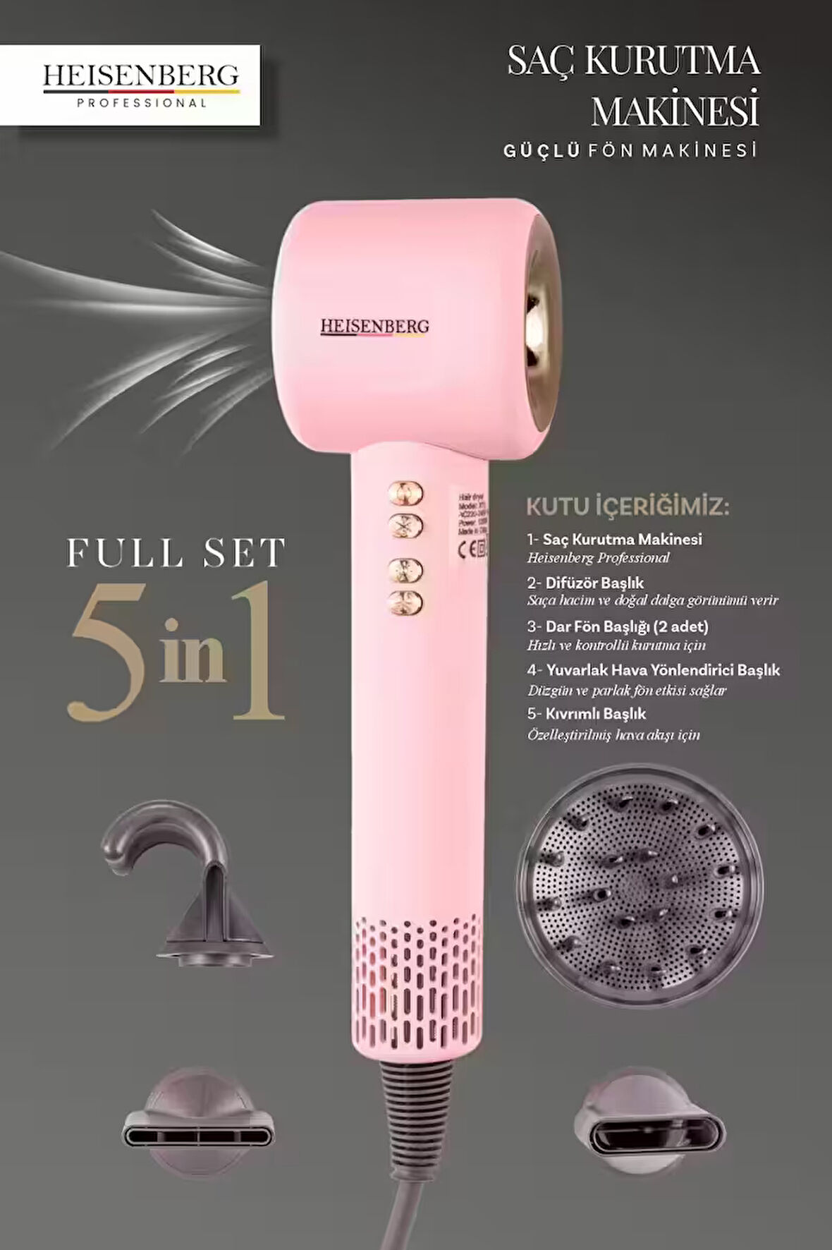 Profesyonel Saç Kurutma Güçlü Fön Makinesi Full Set 5 in 1