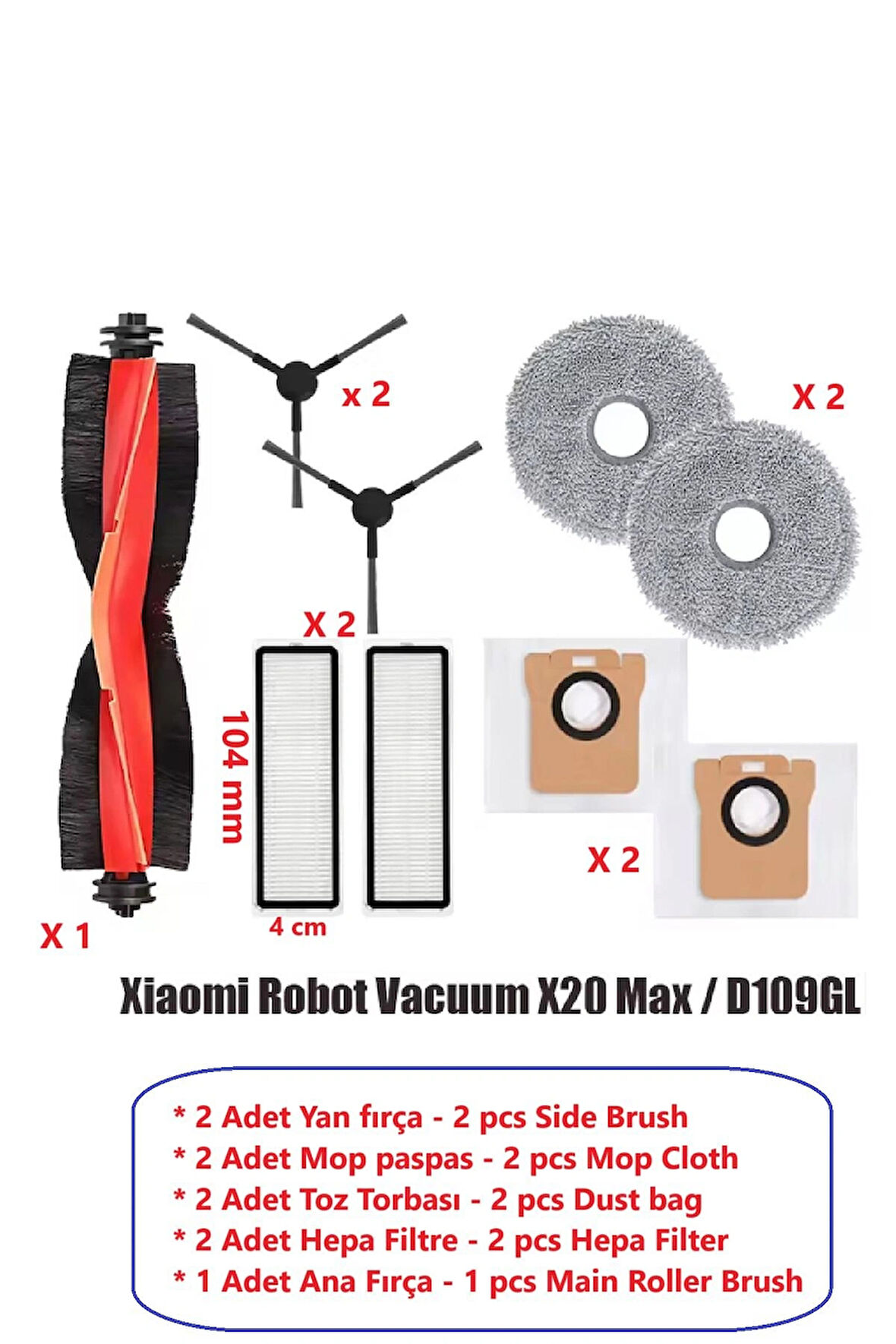 Xiaomi Robot Vacuum X20 Max / D109GL, X20 Pro / D102GL uyumlu fırça toz torbası filtre