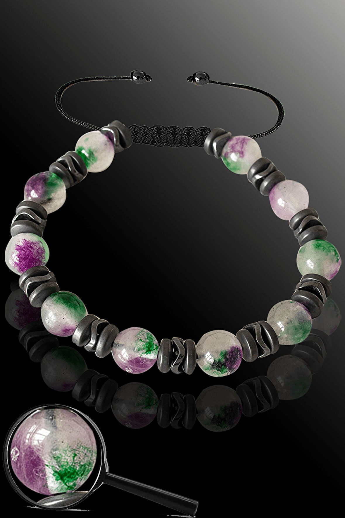 Sertifikal Mat Hematit - Yosunlu Kuvars Taşı Bileklik - Ayarlamalı