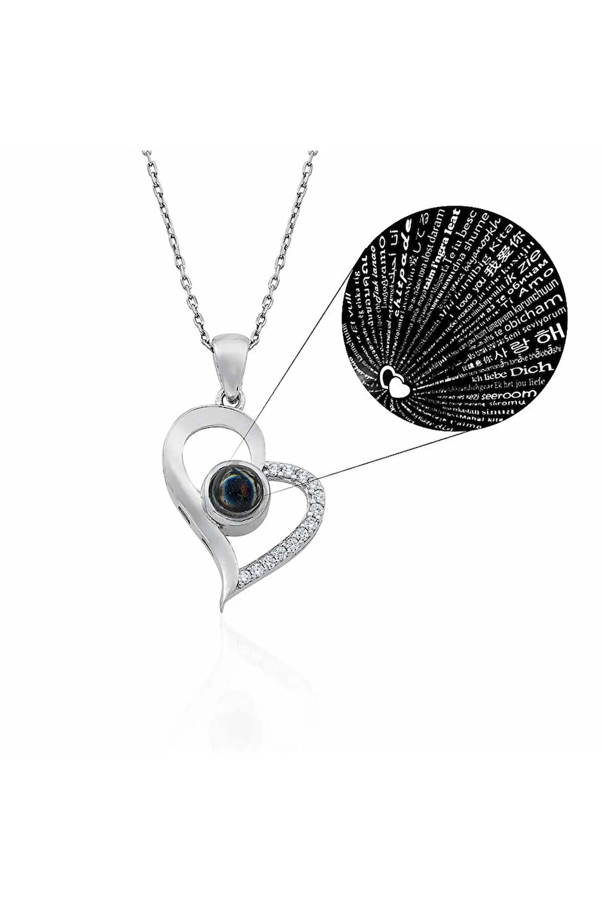 Modahilye 925 Ayar Gümüş Yüz dilde Seni Seviyorum Kalp kolye