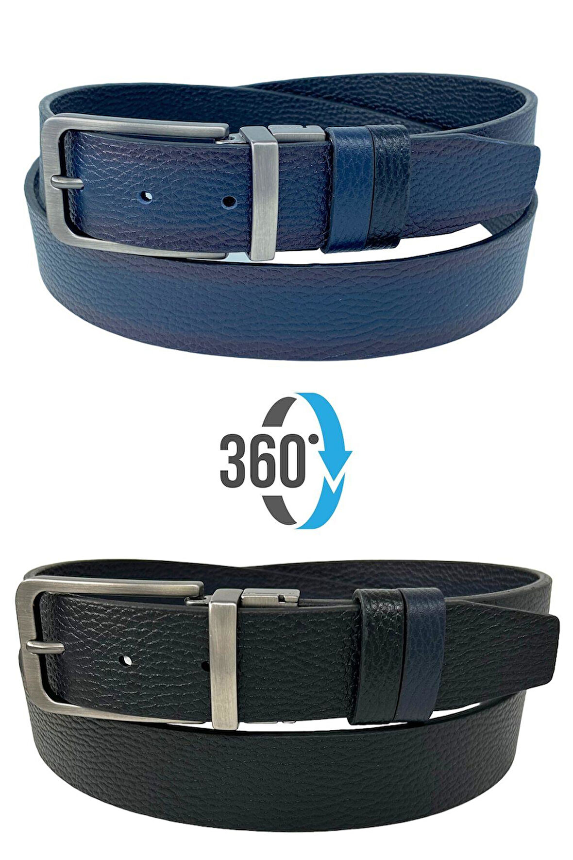 Çift Taraflı Hakiki Deri 3.5 cm.lik Klasik Dönerli Tokalı Kemer Lacivert/Siyah - XD-300-805-ST