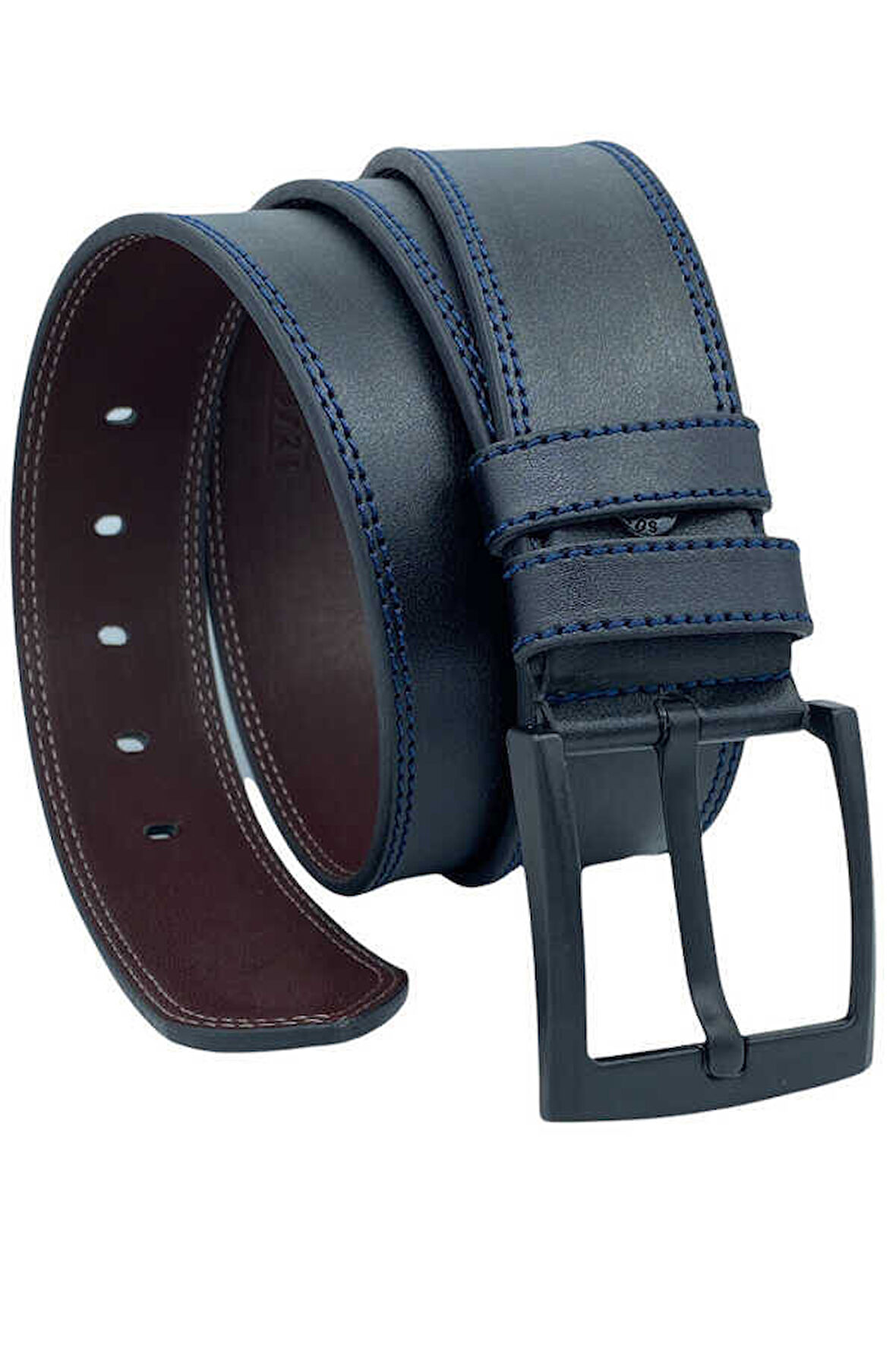 Siyah Suni Deri Lacivert Çift Dikişli 4.5 cm.lik Unisex Spor Kemer