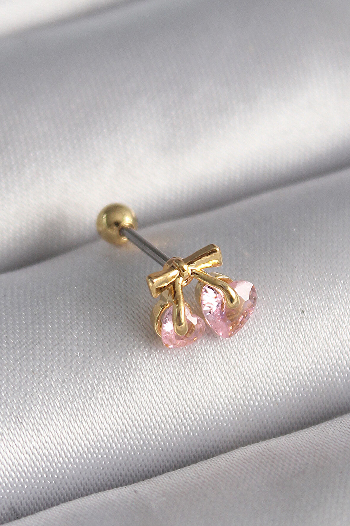 316L Çelik Renk Pembe Zirkon Taşlı Kalp Tragus Piercing