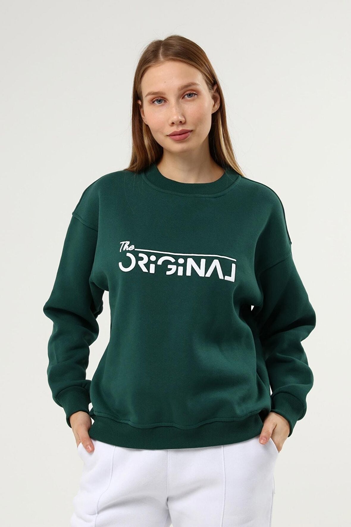 Kadın Baskılı Şardonlu Sweatshirt Yeşil Renk