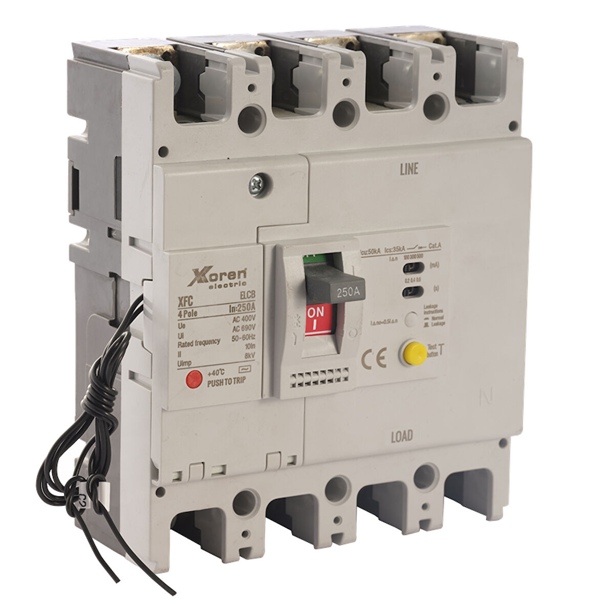 XKOREN 250A 50kA 4 Kutuplu Kaçak Akım Korumalı Kompakt Şalter 250 Kasa (Açtırma Bobinli)
