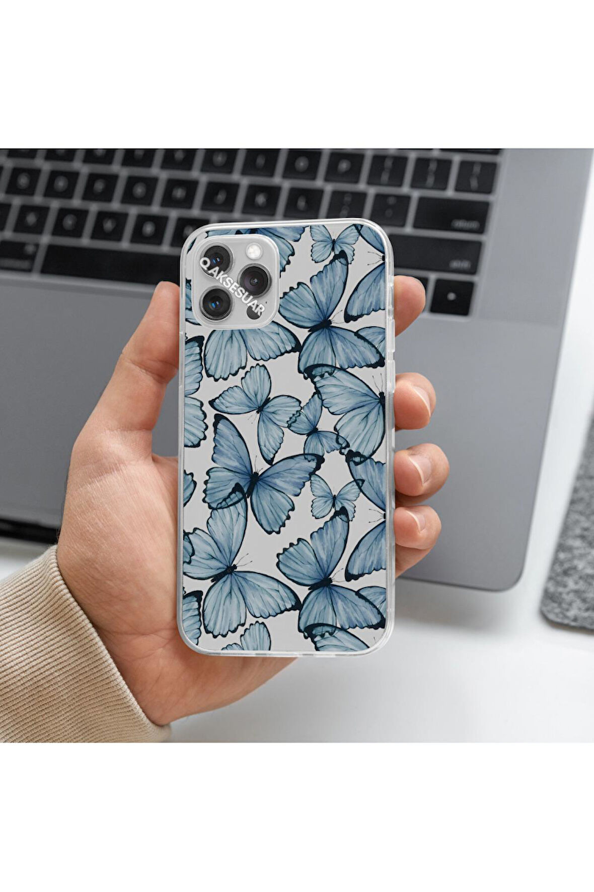 Xiaomi Redmi Note 11S Uyumlu Mavi Kelebek Tasarımlı Premium Şeffaf Telefon Kılıfı