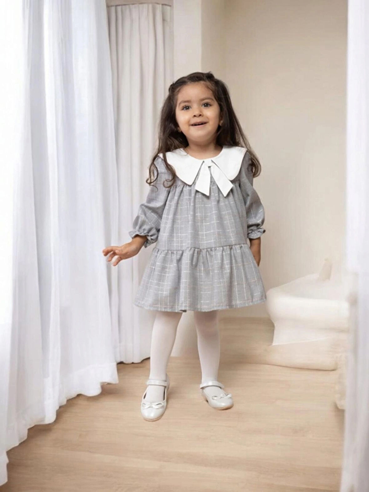 Kız Bebek Yaka Detaylı Ekose Elbise