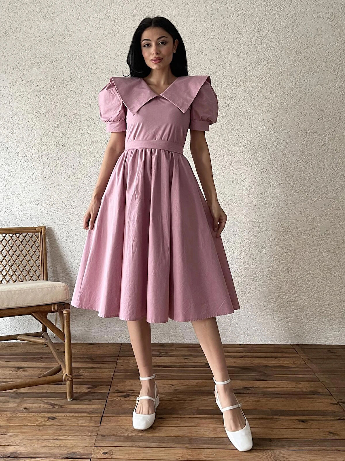 Gül Kurusu Büyük Yakalı Kloş Poplin Elbise