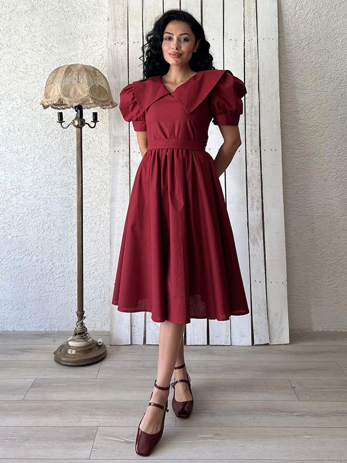 Bordo Büyük Yakalı Kloş Poplin Elbise