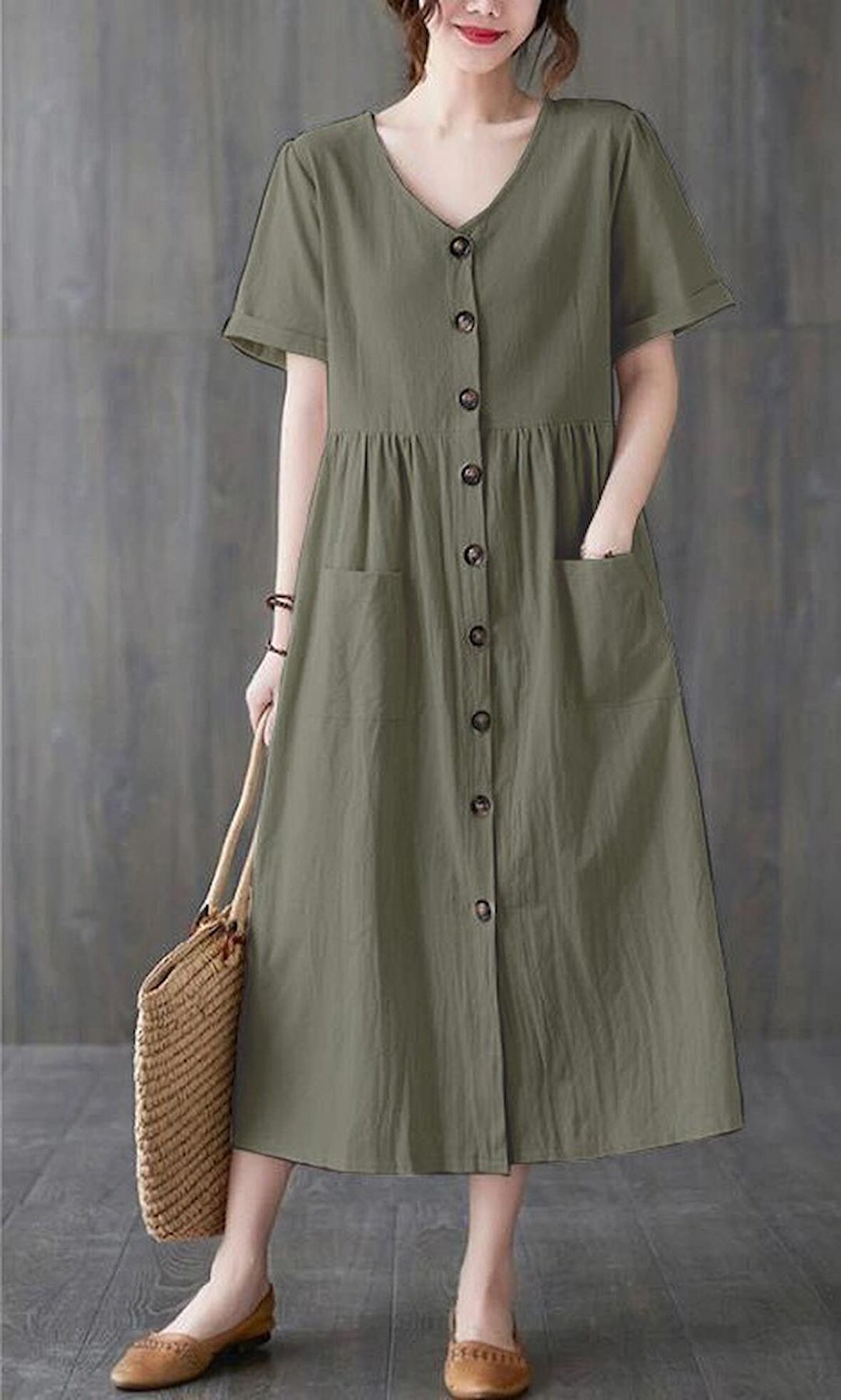 Barbora Keten Günlük Rahat V Yaka Beli Büzgü Detaylı Düğmeli Elbise LN04haki2