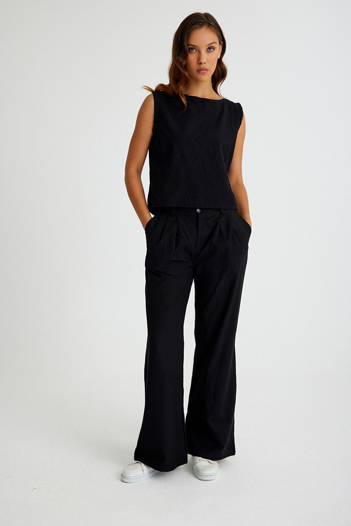 Barbora Keten Günlük Rahat  Kolsuz  Alt Üst Kadın Takım LN08siyah5