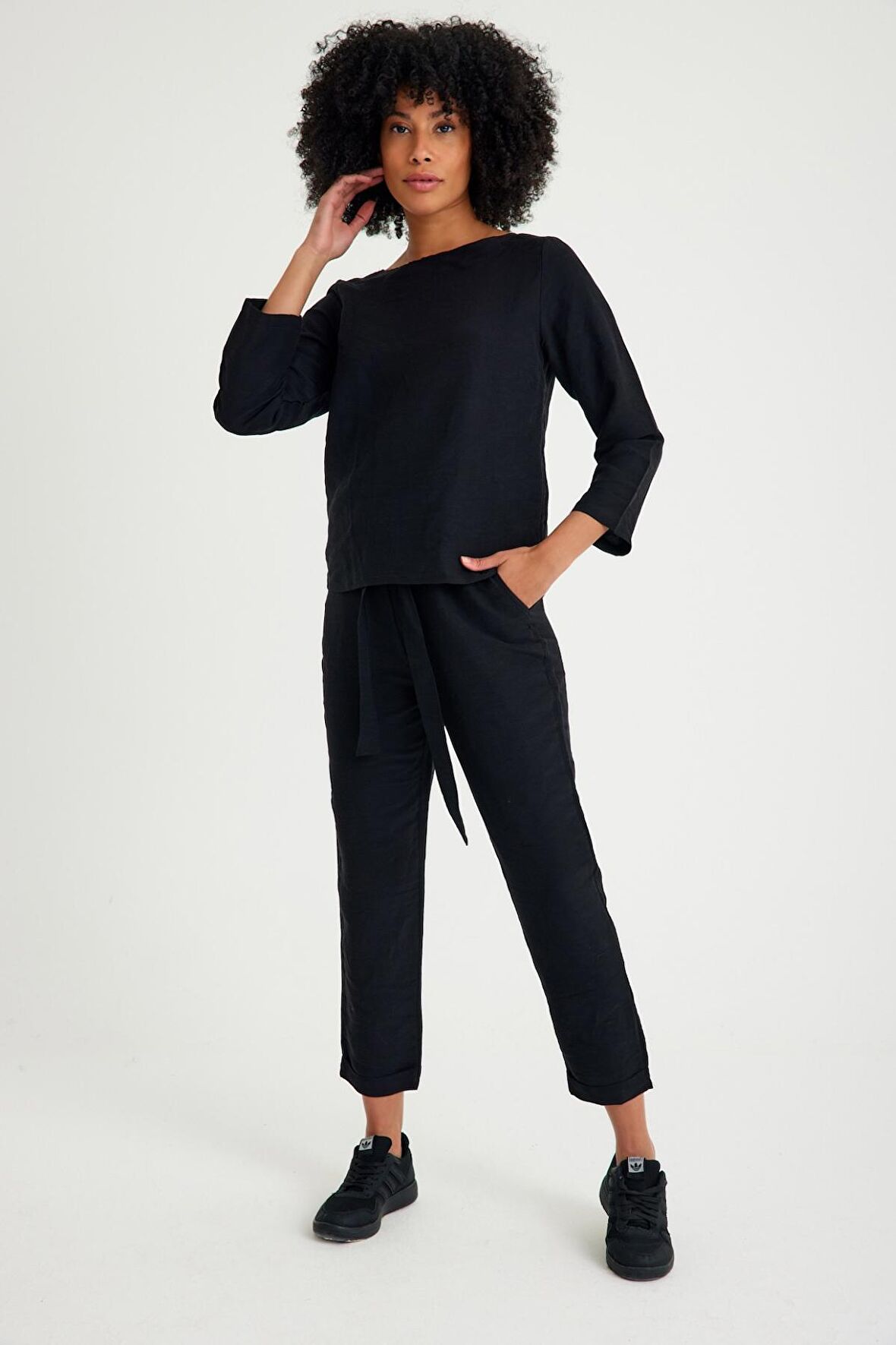 Barbora Keten Günlük Rahat Beli Kemerli Kadın İkili Takım Alt Üst LN01siyah9