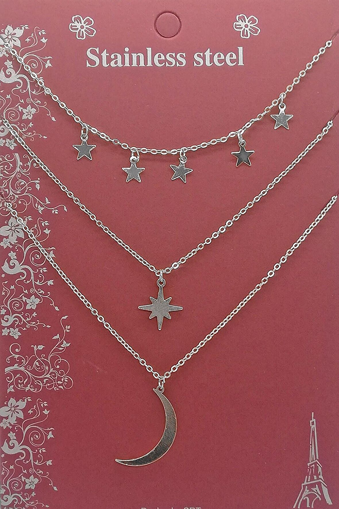 Gümüş Renk Kutup Yıldızı Ve Hilal Figürlü Çok Katmanlı Kombin Kolye 960