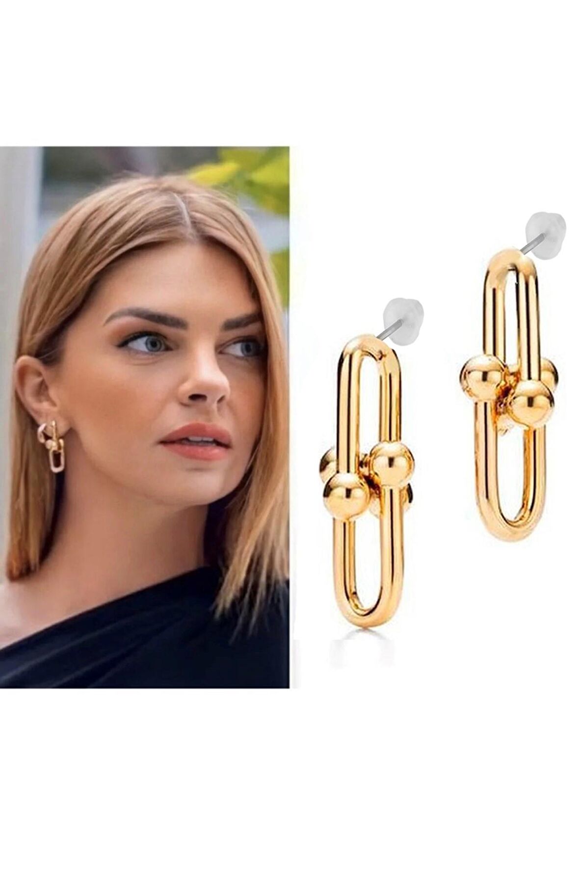 Altın Kaplama Kısa İkili Tiffany Blanca Gold Küpe - 2111