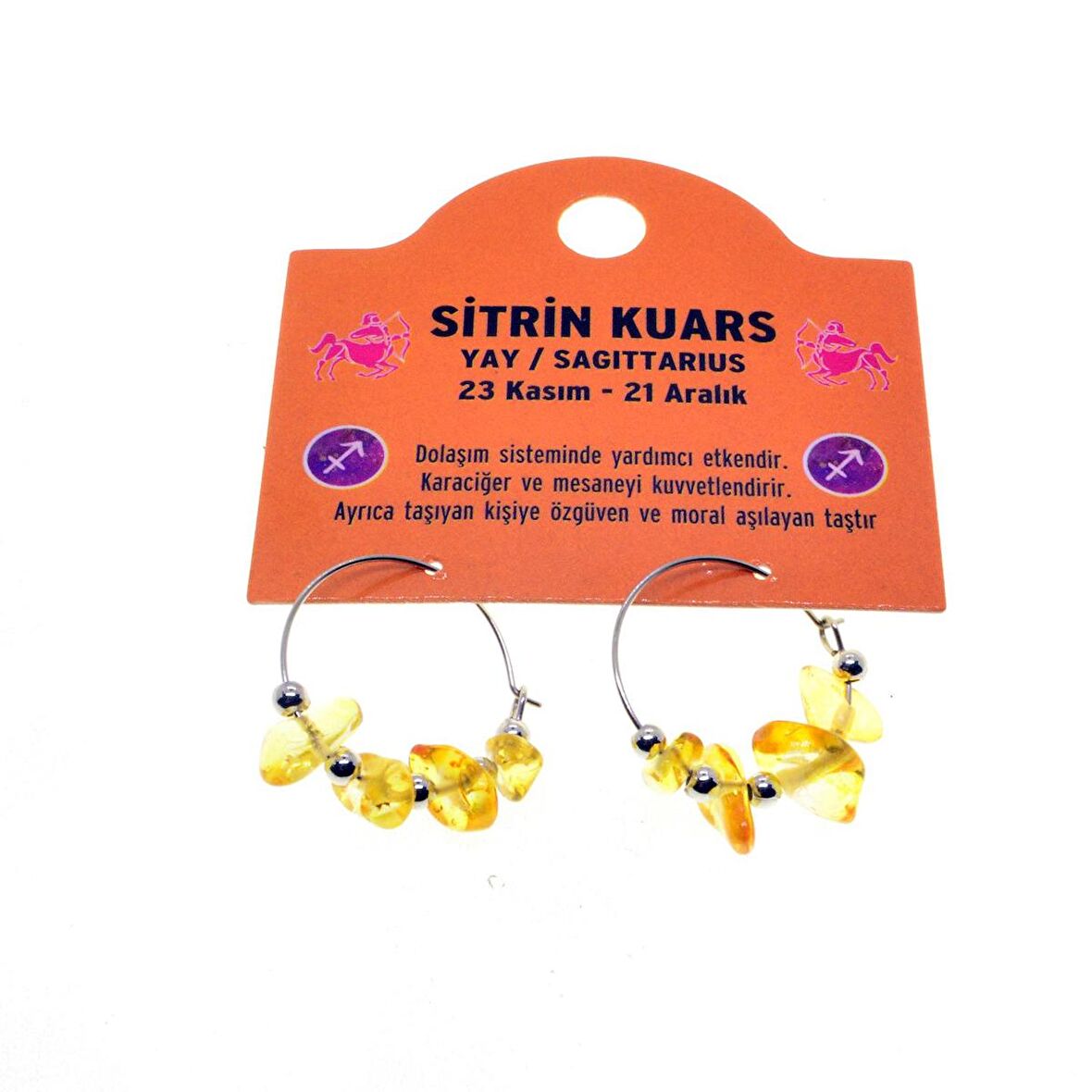 Doğaltaş Yay Burçu Sitrin Kuars Taşı Burç Küpe - 2342