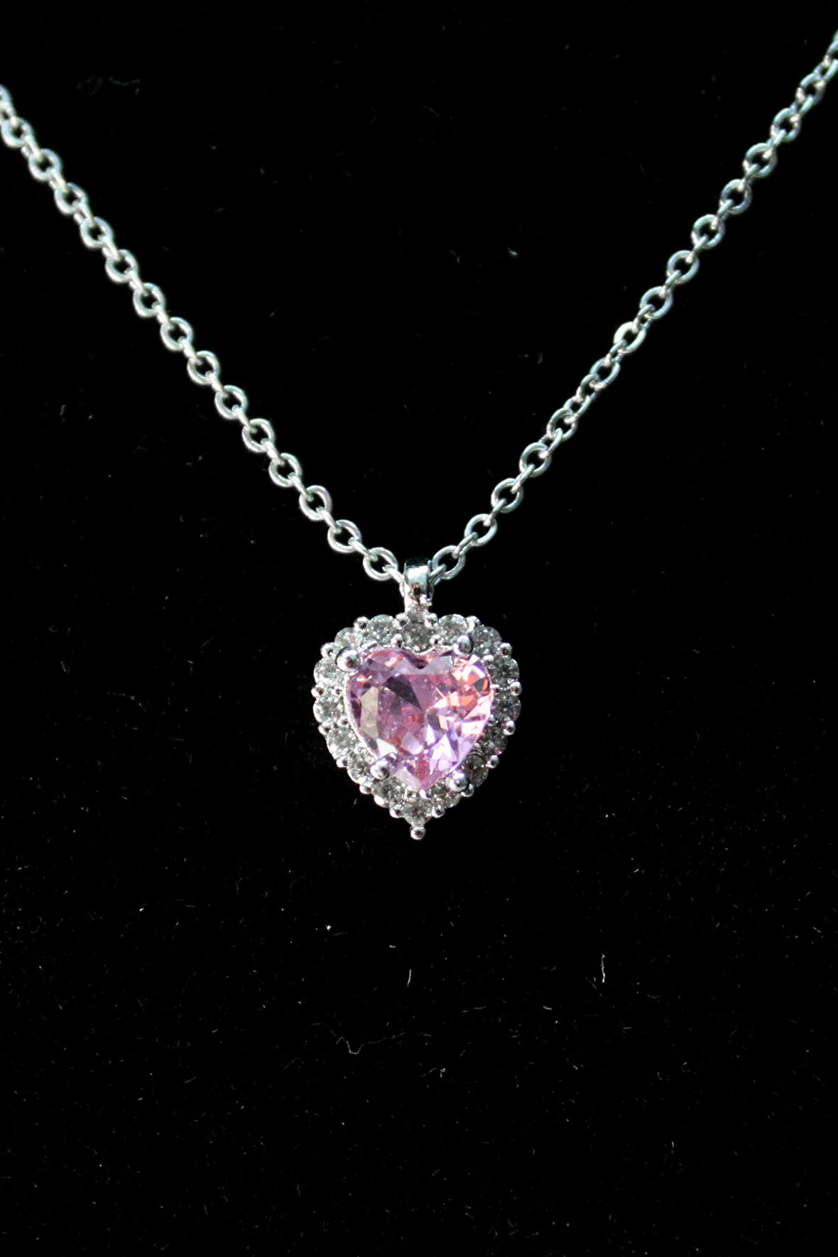 Gümüş Renk Pembe Taş Kalp Model Zirkon Kolye - 2806