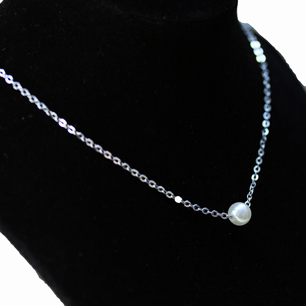 Gümüş Renk Sf Zincir İnci Detaylı Çelik Kolye - 2906