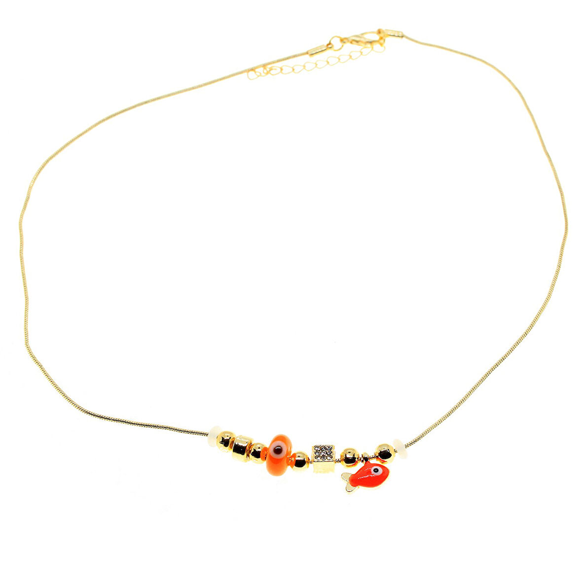 Altın Renk Turuncu Mineli Balık Pandora Model Zirkon Kolye  - 2994