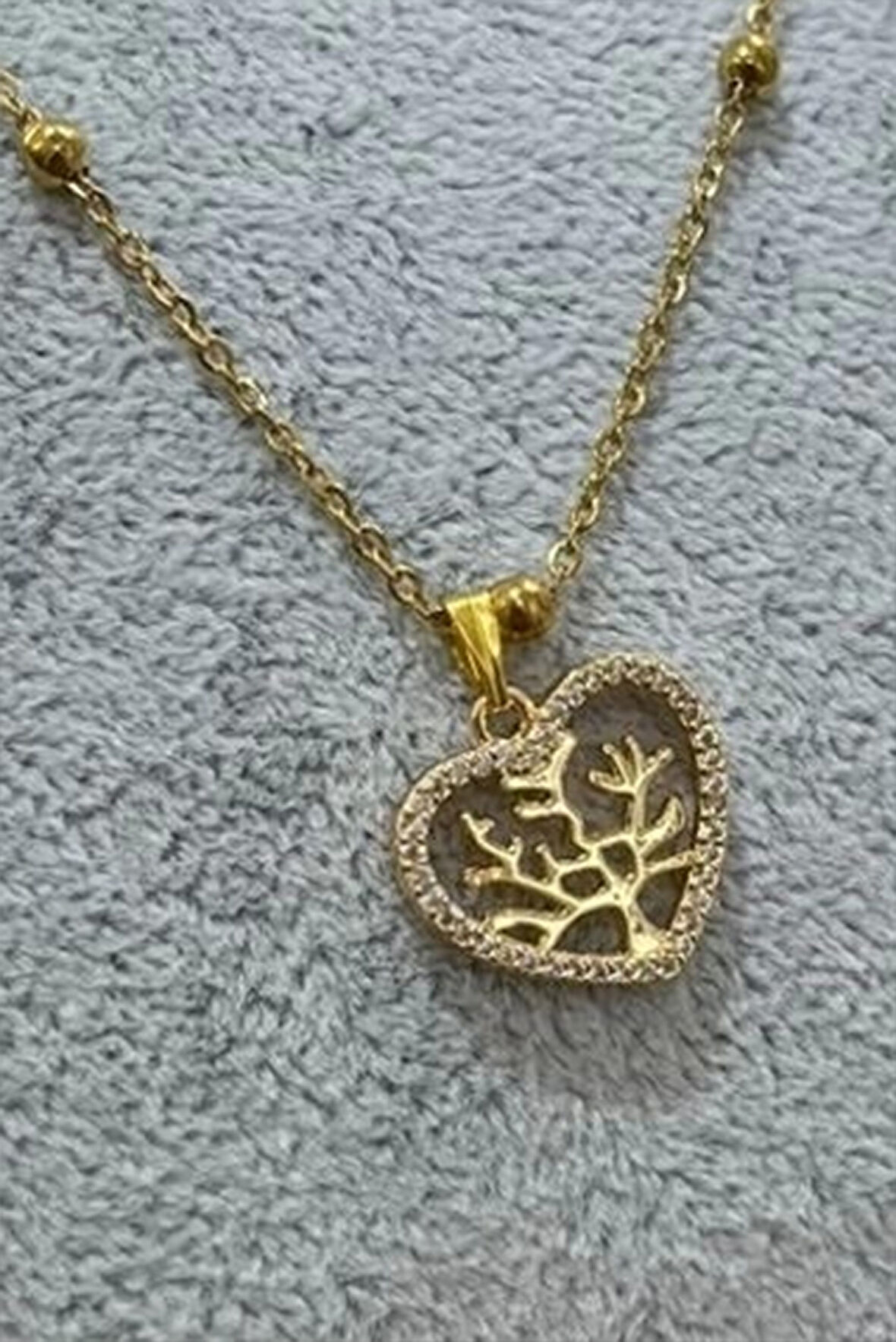 Altın Renk Top Zincir Zirkon Kalp Hayat Ağacı Model Kadın Vip Solmaz Kararmaz Çelik Kolye - 3066