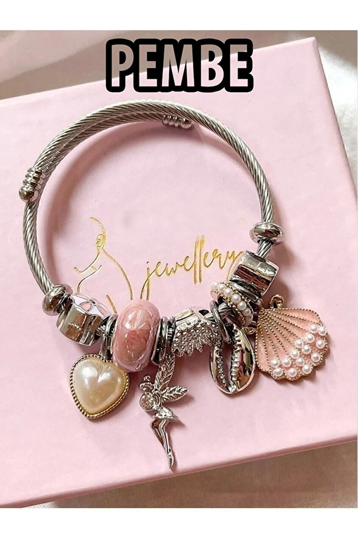 Gümüş Renk Pembe Deniz Kabuğu Charmlı Pandora Çelik Bileklik -  3159