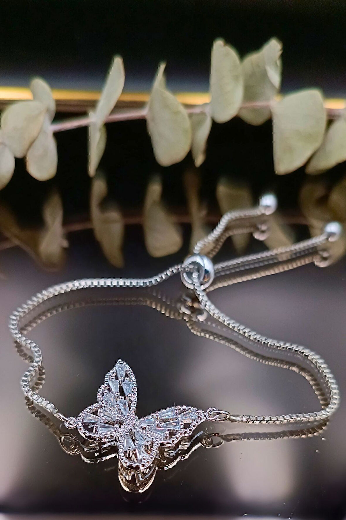 Gümüş Renk Asansör Zincir Kelebek Zirkon Taşlı 316 L. Çelik Kararmaz Çelik Bileklik -  3162