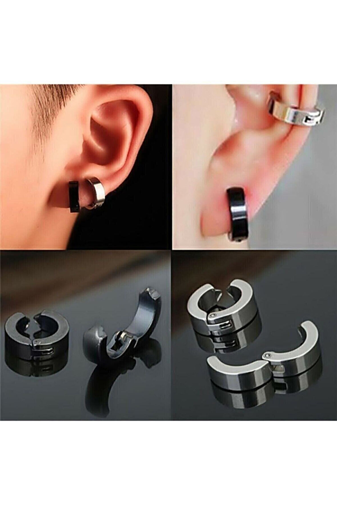 2 Ad. Siyah 2 Ad. Gümüş Renk 4 Ad. Sıkıştırmalı Unisex  Deliksiz Kulaklara Çelik Küpe  - 3187