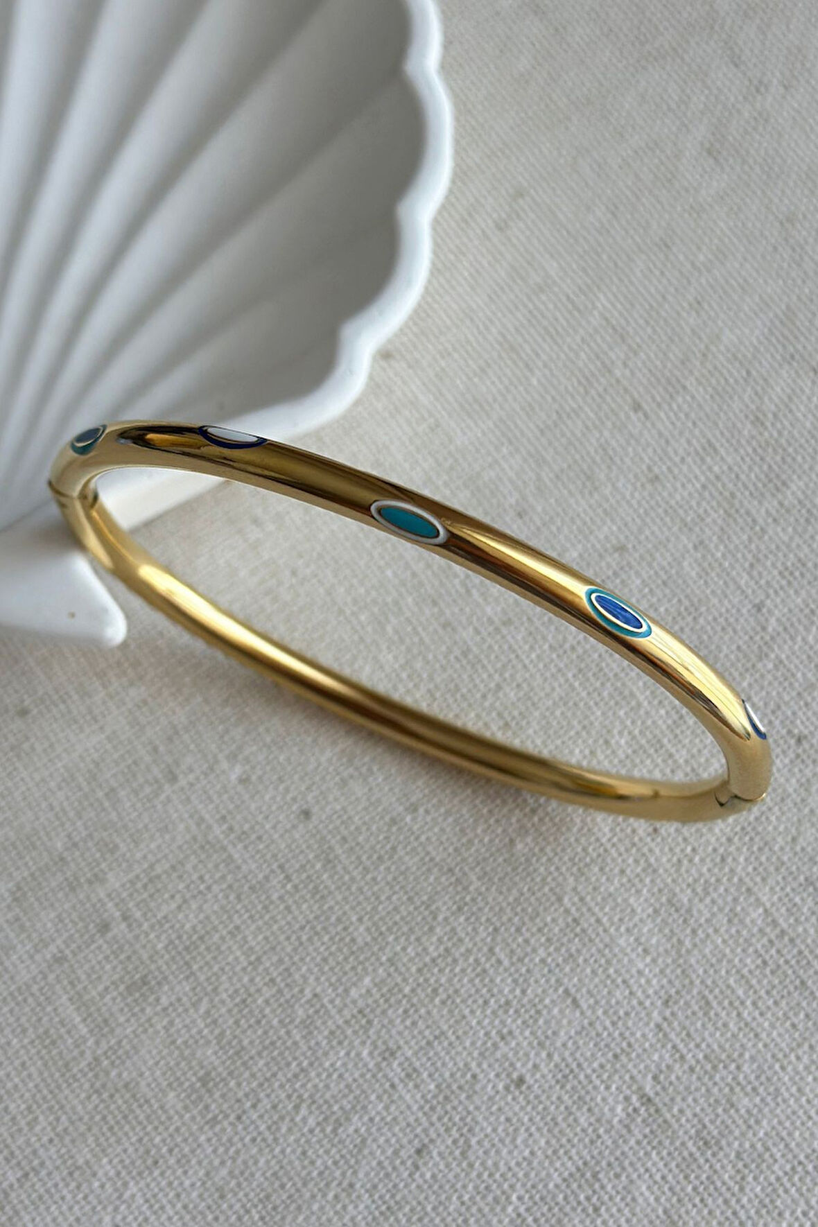 Altın Renk Tam Tur Ince Nazar Kelepçe Kadın Nazarlı Çelik Bileklik  -  3196