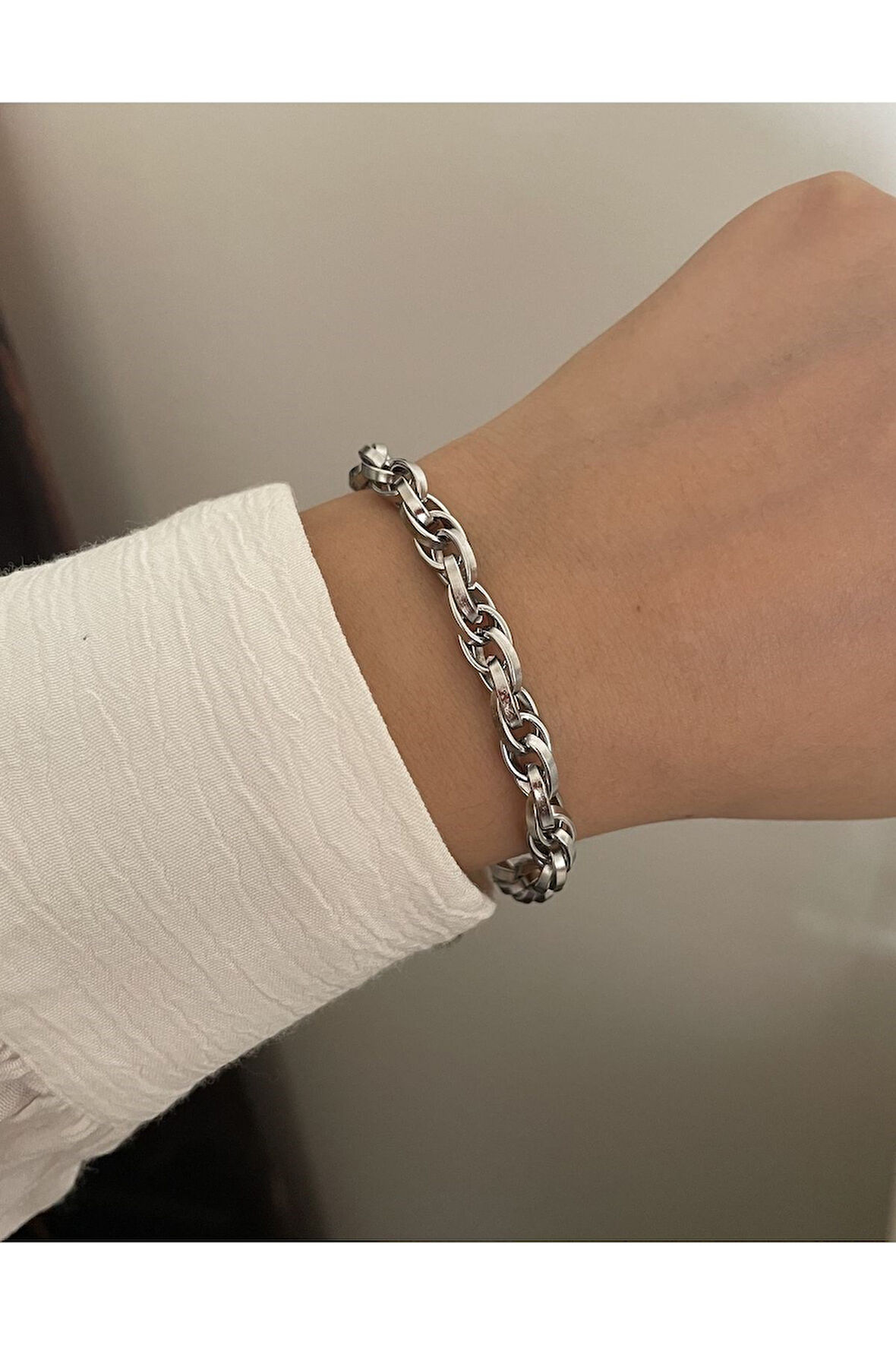 Gümüş Kaplama İç İçe Geçmeli Zincir Halat Unisex Çelik Bileklik - 3213