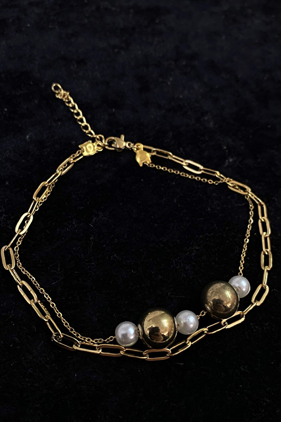 Altın Renk İnci Küre Model Sf Ve Ezme Zincir Çelik Halhal - 3229