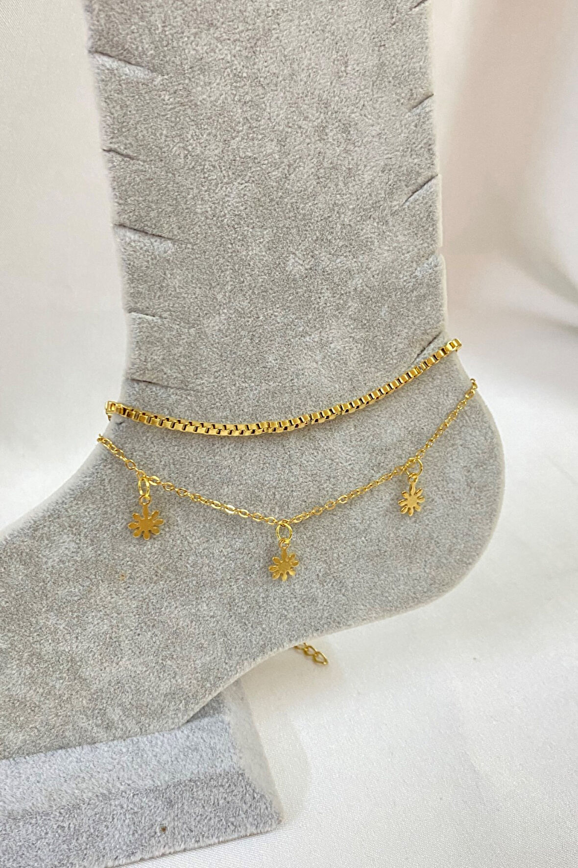 Altın Renk Papatya Model Asansör Ve Sf Zincir Çelik Halhal - 3239