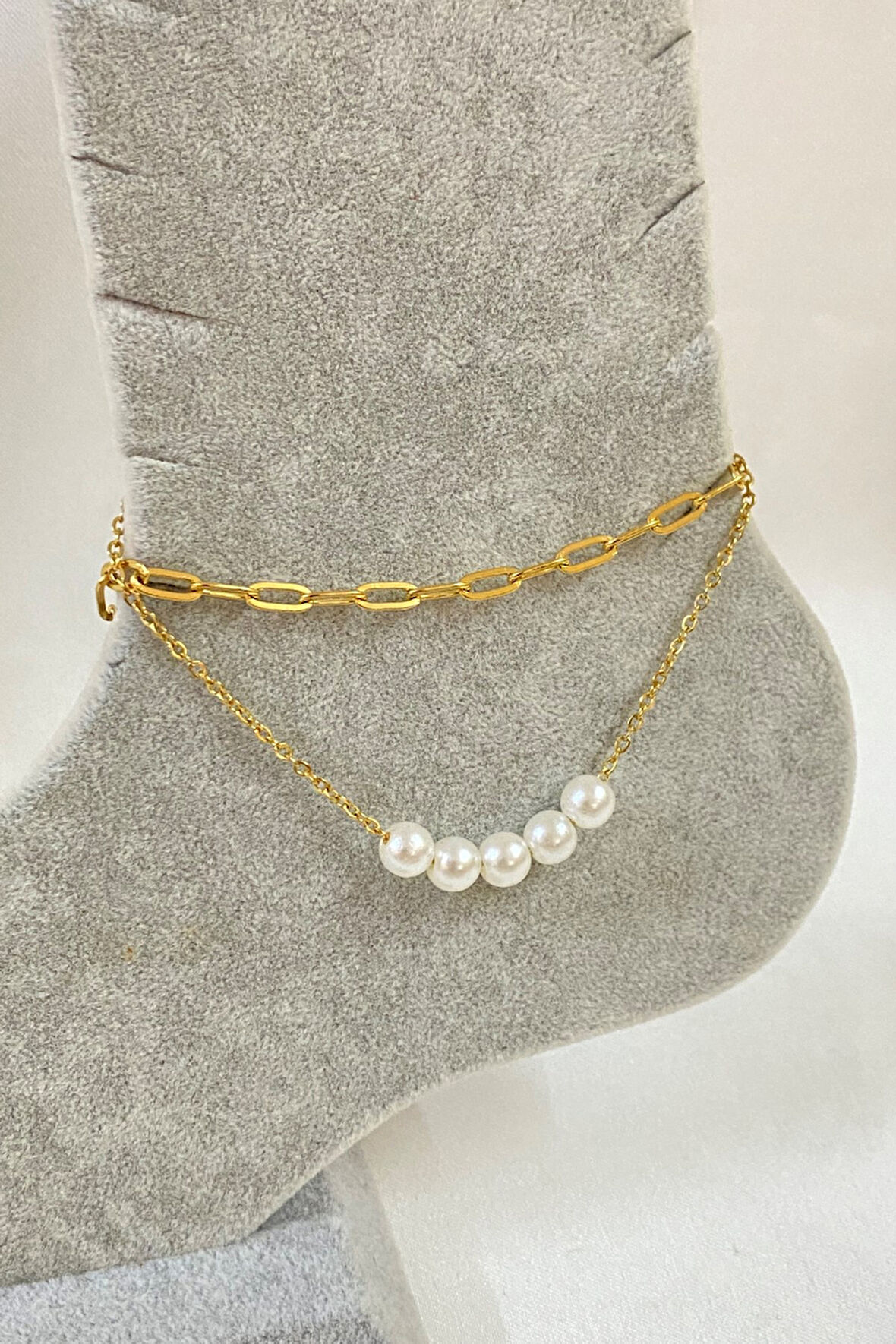 Altın Renk Beş İncili Model Ezme Ve Sf Zincir Çelik Halhal - 3242