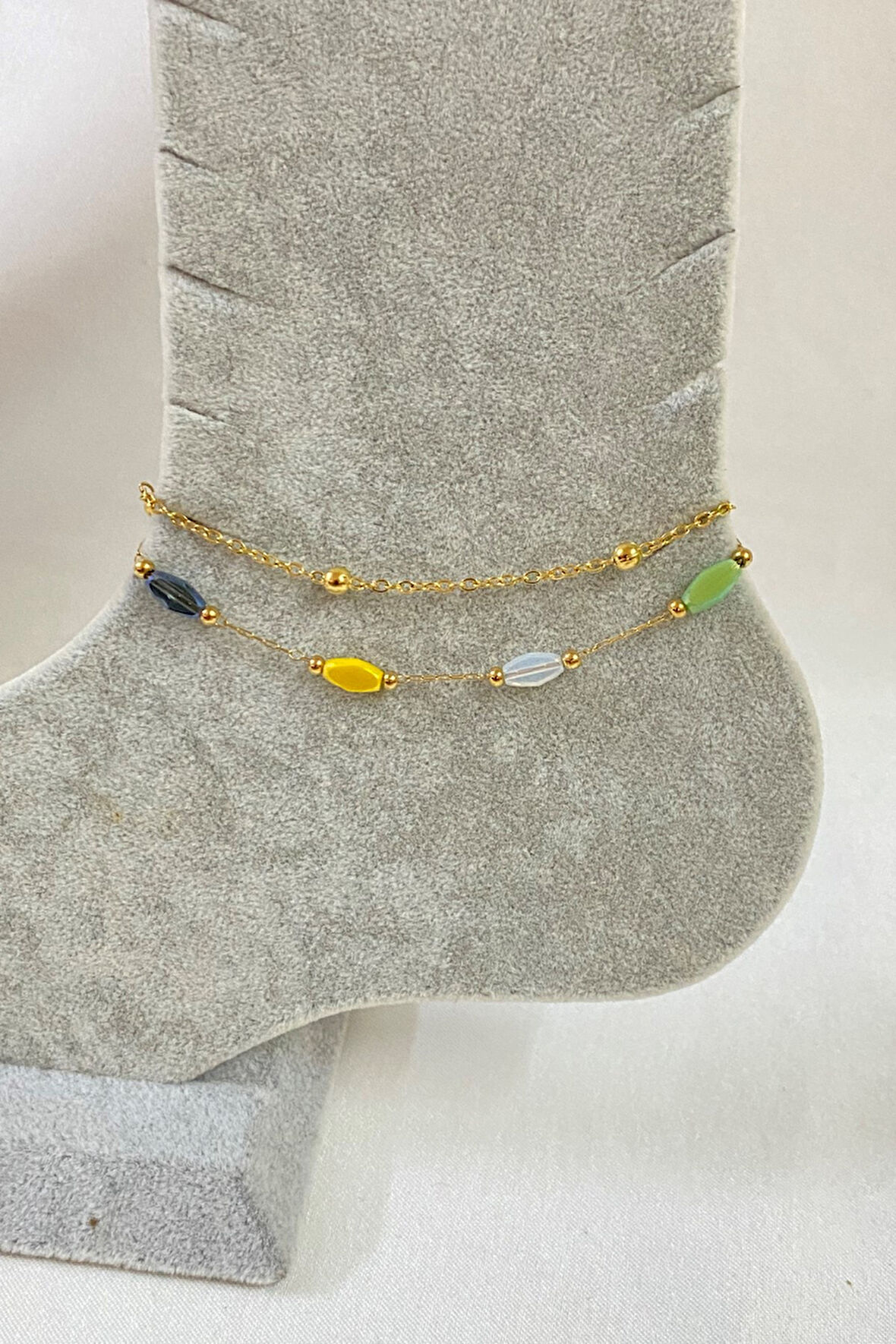 Altın Renk Top Ve Renkli Silindir Zincir Çelik Halhal - 3243