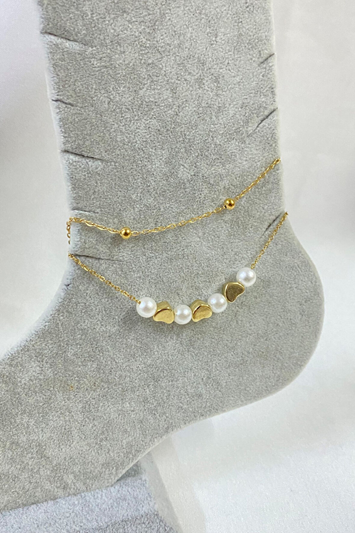 Altın Renk İnci Kalp Model Top Ve Sf Zincir Çelik Halhal - 3247