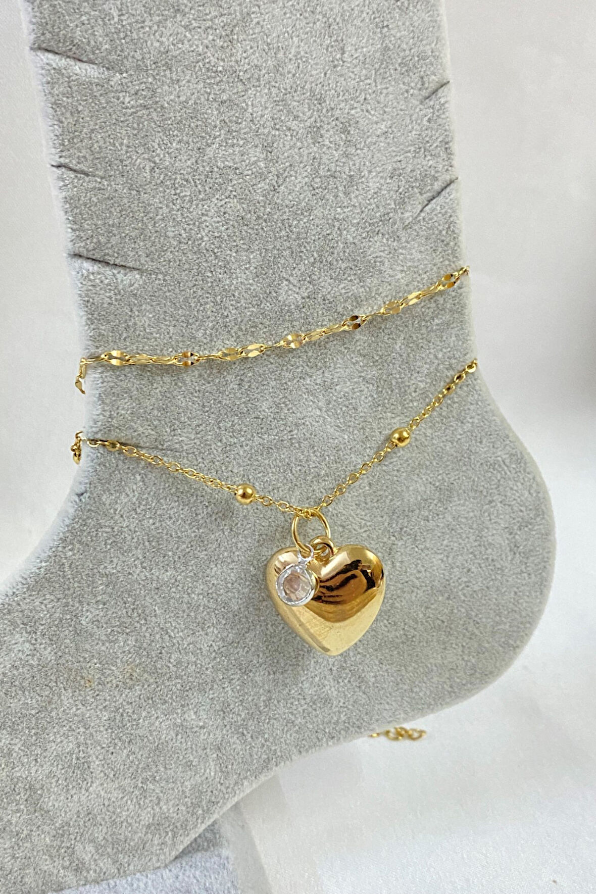 Altın Renk Kalp Zirkon Model Singapur Ve Top Zincir Çelik Halhal - 3249